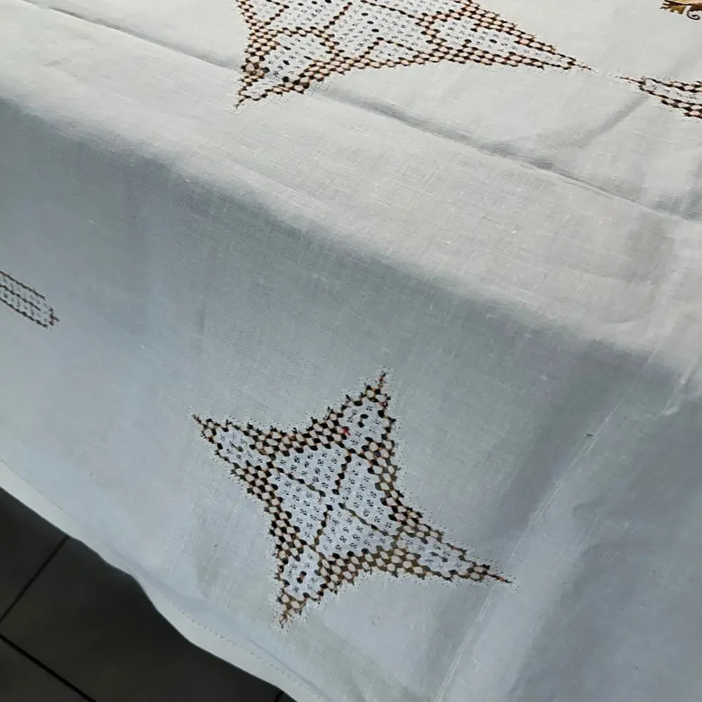 Vintage Hand-Stitched Irish Linen Tablecloth Cream Gold 63